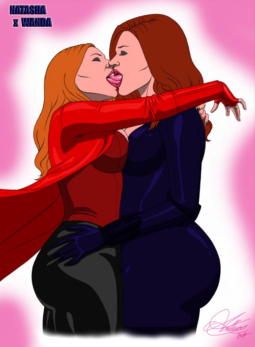 2019 2girls ass avengers big_ass big_breasts big_butt black_widow_(marvel) breasts clothed eyes_closed female female_only french_kissing hand_on_hip huge_ass human human_only kaywest kissing large_ass large_breasts lesbian_kiss light-skinned_female light_skin makeout marvel marvel_comics multiple_girls natasha_romanoff passionate_kiss red_hair scarlet_witch tongue_kiss wanda_maximoff yuri