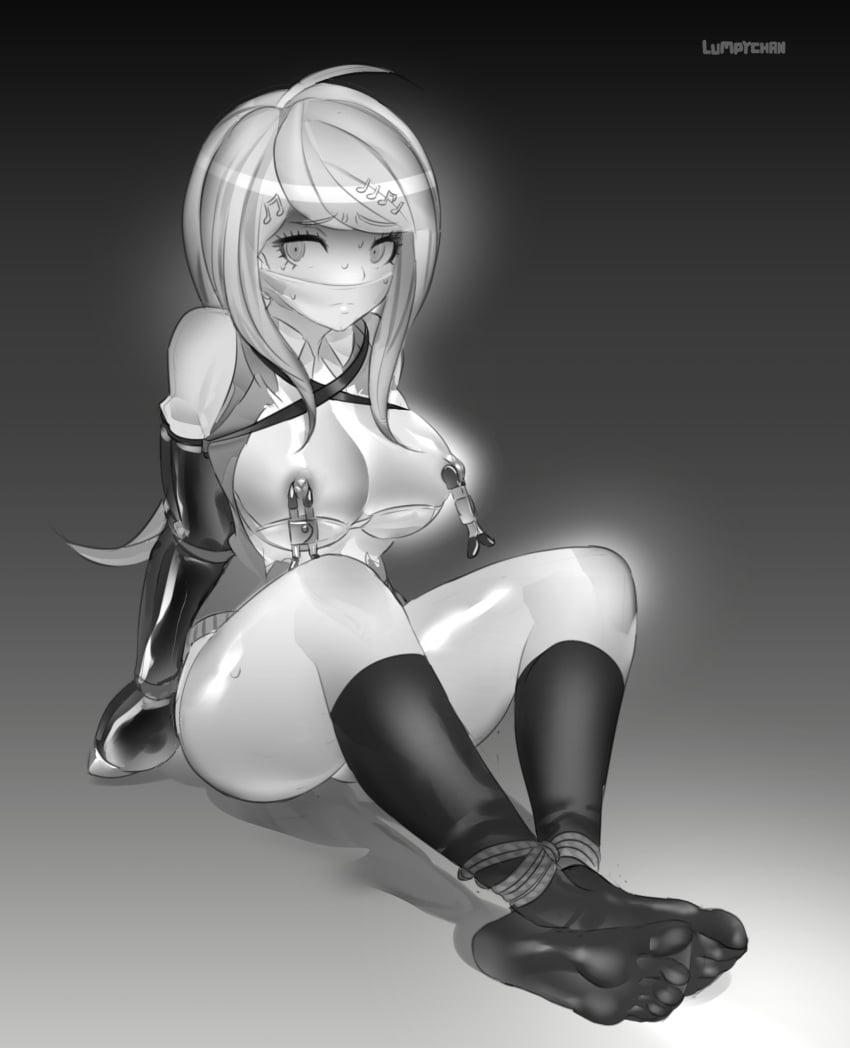 1girls ahoge akamatsu_kaede armbinder arms_behind_back bondage breasts danganronpa danganronpa_v3 female femsub gag gagged hair_ornament kneehighs lumpychan monochrome nipple_clamps smooth_skin solo stockings tied_up torn_clothes