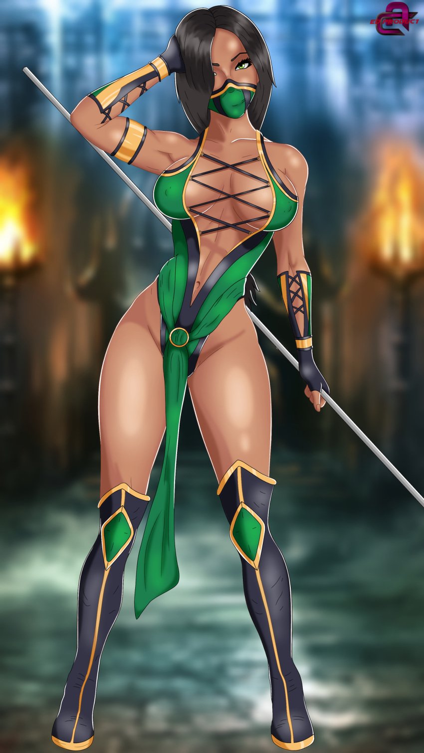 2d armband armlet black_hair boots bracelet bracers breasts ed_product edenian face_mask female fit fit_female gauntlets green_eyes jade_(mk9) jade_(mortal_kombat) jewelry knee_boots large_breasts mask mortal_kombat mortal_kombat_(2011) muscular muscular_female ninja nipple_bulge solo staff toned toned_female