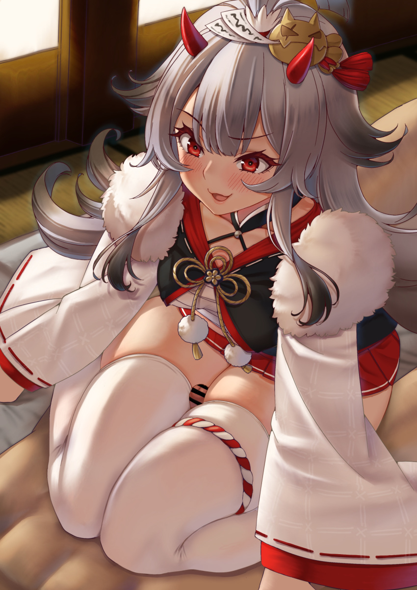 azur_lane censored grey_hair hibiki_(azur_lane) horns momono_sukebei penis red_eyes thighhighs thighjob