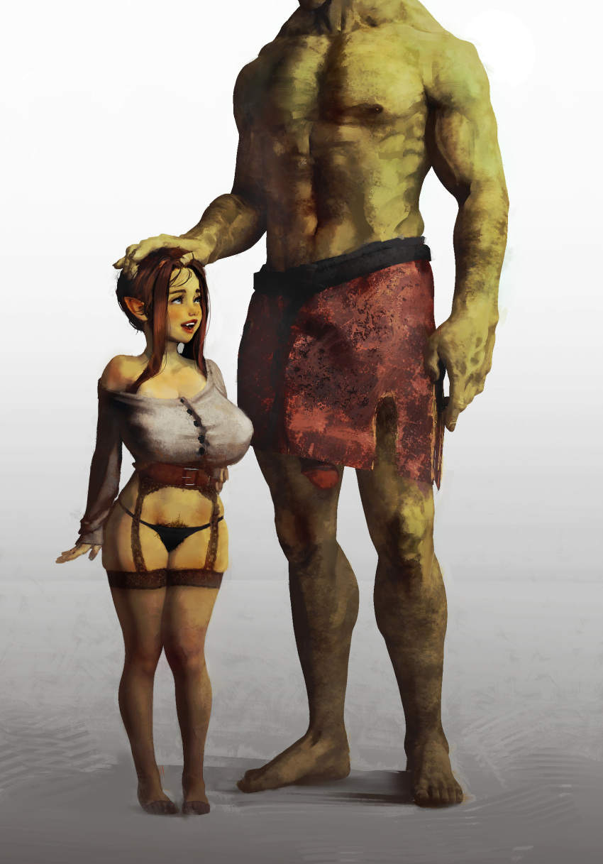 1boy 1girls abs absurdres belt black_panties breasts brown_eyes buttons diathorn female flaccid garter_belt garter_straps goblin goblin_female green_skin grey_background half-closed_eyes hand_on_another's_head hand_on_head head_out_of_frame height_difference highres huge_breasts interspecies larger_male lingerie lips lipstick loincloth looking_up loose_clothes lowleg_panties makeup male male/female no_shoes nose oerba_yun_fang off_shoulder orc orc_male original panties pecs penis_peek petting pigeon-toed pointy_ears pubic_hair pubic_hair_peek serratus_anterior sheer_legwear short_ears short_hair shortstack sidelocks size_difference sleeves_past_wrists small_but_busty smaller_female solo_focus standing stockings thighhighs underwear wide_hips