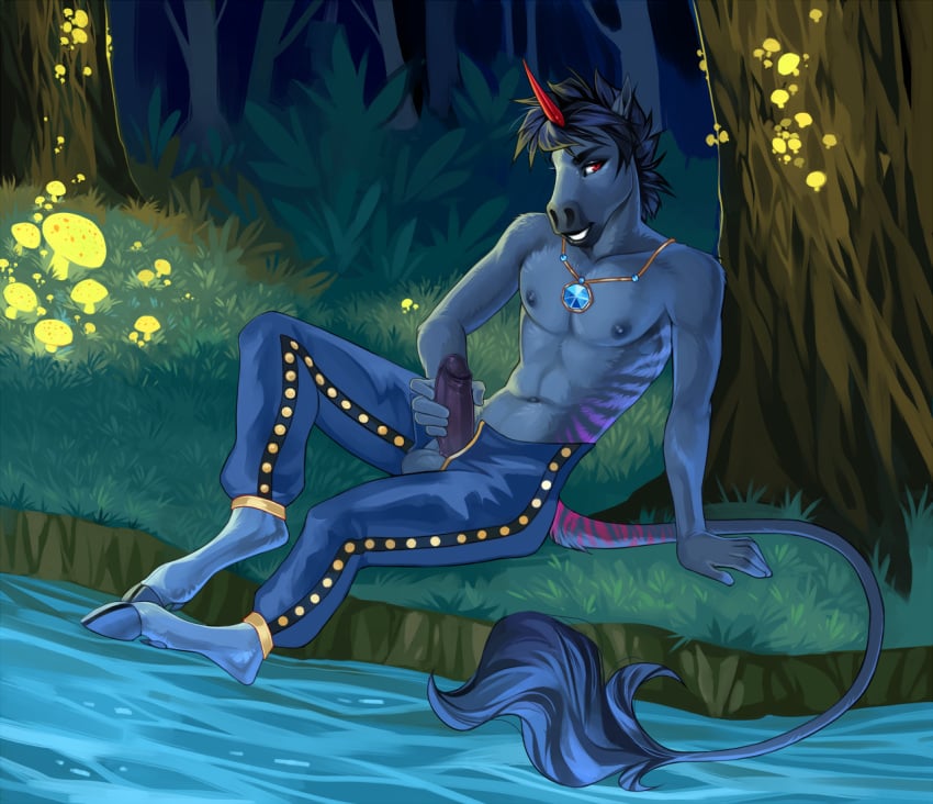 2020 5_fingers anthro balls black_hair demicoeur detailed_background digital_media_(artwork) equid fingers forest grass hair hooves horn male male_only mammal night outside penis red_eyes solo tree unicorn