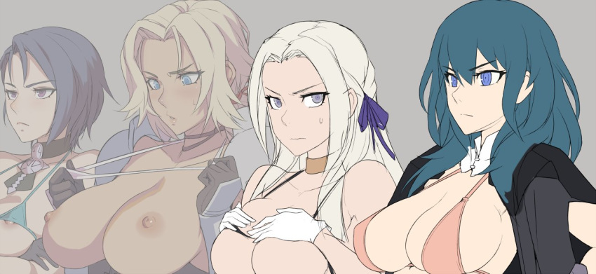 4girls blonde_hair blue_eyes blue_hair breasts breasts_out byleth_(fire_emblem) byleth_(fire_emblem)_(female) catherine_(fire_emblem) covering_breasts edelgard_von_hresvelg embarrassed female female_only fire_emblem fire_emblem:_three_houses large_breasts long_hair mikoyan multiple_girls nintendo shamir_nevrand short_hair sweat white_hair