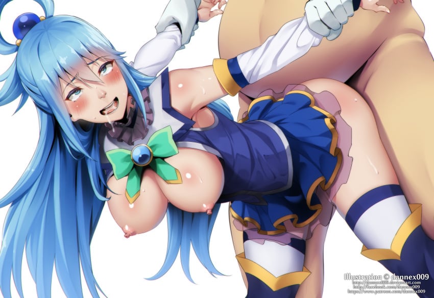 1boy 1girls alexei_barnes_alderp ambiguous_penetration aqua_(konosuba) aqua_eyes aqua_hair arm_grab armpits arms_behind_back artist_name ass blue_dress blue_eyes blue_hair blush boots breasts breasts_out clothed_female_nude_male dannex009 detached_sleeves dress drool drooling eyebrows_visible_through_hair fat_man female from_behind from_behind_position fucked_silly hair_between_eyes hair_ornament hair_rings handlebars highres human humanoid kono_subarashii_sekai_ni_shukufuku_wo! large_breasts long_hair male nipples nude open_mouth open_shirt prison_guard_position saliva sex skirt smile solo_focus straight sweat sweatdrop thigh_boots thighhighs tongue unseen_male_face vaginal_penetration watermark web_address white_background white_legwear