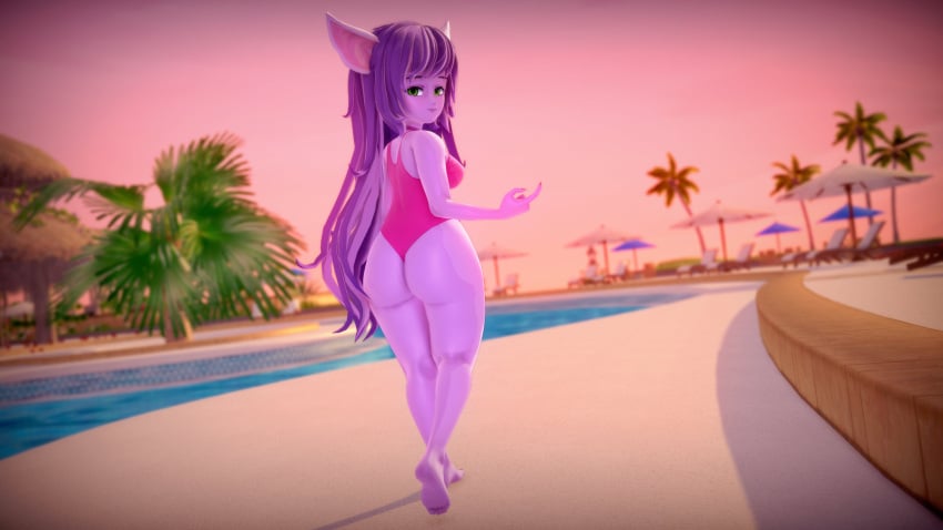 3d alternate_costume ass beckoning big_ass bikini green_eyes koikatsu league_of_legends looking_at_viewer looking_back lulu_the_fae_sorceress pinup purple_hair purple_skin shiftnoid_(artist) sideboob swimsuit yordle