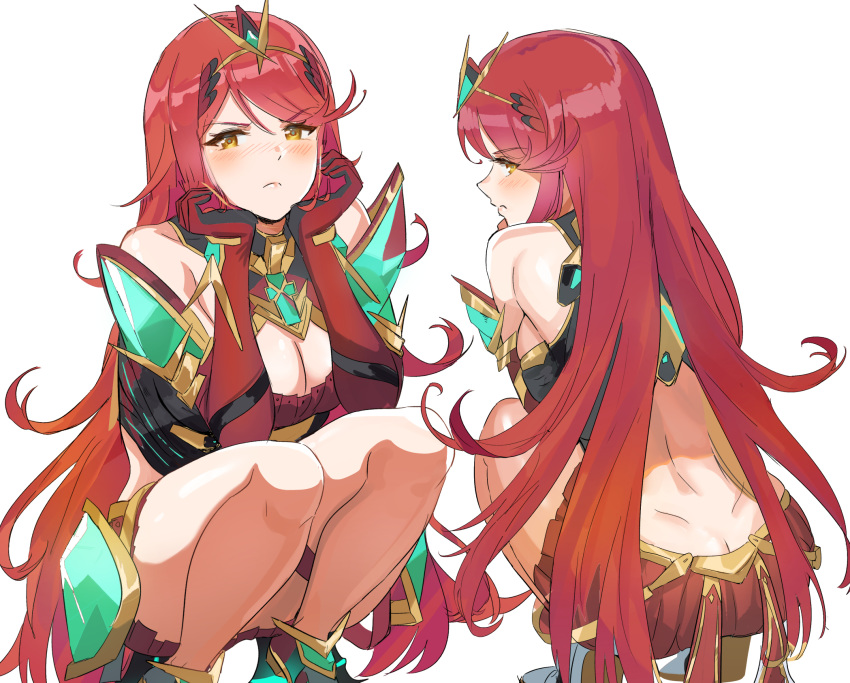 1girls alternate_color alternate_hair_color anger_vein ass bangs blush breasts butt_crack chest_jewel chin_rest cleavage closed_mouth dimples_of_venus elbow_gloves female frown gem gloves headpiece highres jewelry large_breasts long_hair multiple_views mythra_(xenoblade) nintendo ormille pyra_(xenoblade) pyra_(xenoblade)_(cosplay) red_hair simple_background squatting swept_bangs thighs tiara white_background xenoblade_(series) xenoblade_chronicles_2 yellow_eyes