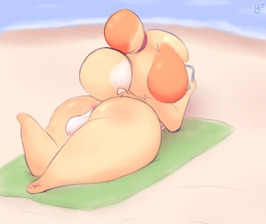 1futa animal_crossing anthro anus ass balls beach big_butt breasts canid canine canis domestic_dog fur furfireburst furry futa_only futanari hair intersex isabelle_(animal_crossing) lying mammal nintendo nude seaside shih_tzu solo thick_thighs toy_dog video_games wide_hips yellow_body yellow_fur