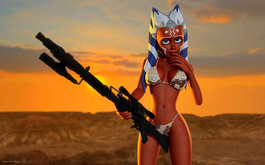 1girls 3d ahsoka_tano alien alien_girl artist_name bare_shoulders big_breasts bikini bikini_bottom bikini_top blaster blue_eyes busty clone_wars curvy dc-15a_blaster_rifle eyelashes female female_only front_view g-string gun holding_object hourglass_figure humanoid jedi jedi_padawan kondaspeter looking_at_viewer mammal marking midriff necklace orange_skin outdoor outside pose posing shadow shiny shiny_skin skimpy solo spread_legs spreading standing star_wars swimsuit the_clone_wars:_season_four thong togruta voluptuous weapon wide_hips