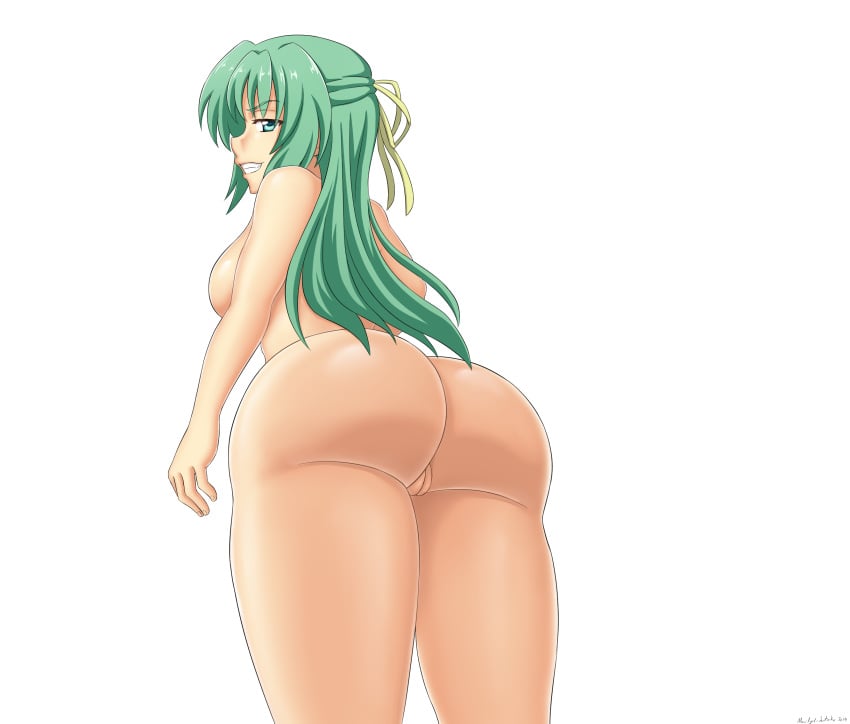 07th_expansion abridged-satoko ass backboob breasts female green_eyes green_hair grin high_resolution higurashi_no_naku_koro_ni large_breasts looking_at_viewer looking_back nude parted_lips smile solo sonozaki_shion standing teeth uncensored vagina white_background