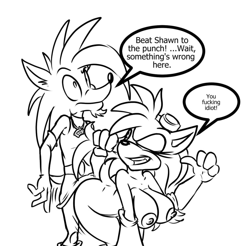 al_(alhedgehog) alhedgehog anthro becky_the_hedgehog bent_over big_breasts breasts crossdressing dialogue dress eyelashes female female_penetrated from_behind furry greyscale hair_pull hedgehog male mammal nipples nude purity_the_hedgehog sex silly skirt smile sonic_(series) white_background wink