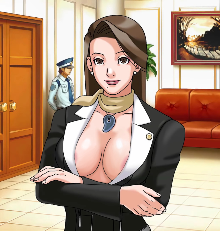 1boy 1girls areola_slip areolae breasts brown_hair capcom cleavage curvy edit female female_focus gyakuten_saiban huge_breasts male mature_female mia_fey screenshot screenshot_edit silverfox12 solo_female solo_focus third-party_edit wardrobe_malfunction