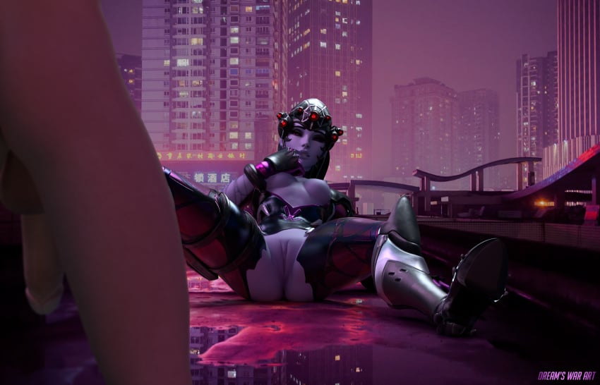 1boy 1girls 3d breasts clothed defeated dreamswarart female finger_in_mouth flaccid imminent_sex male neon nipples on_back overwatch penis purple_skin pussy ripped_clothing seductive seductive_look spider_widowmaker straight widowmaker