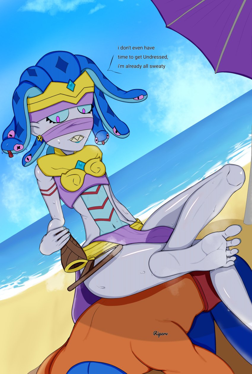 beach brawl_stars emz_(brawl_stars) feet feet_focus foot_fetish medusa_emz_(brawl_stars) summer sweat sweatdrop sweating