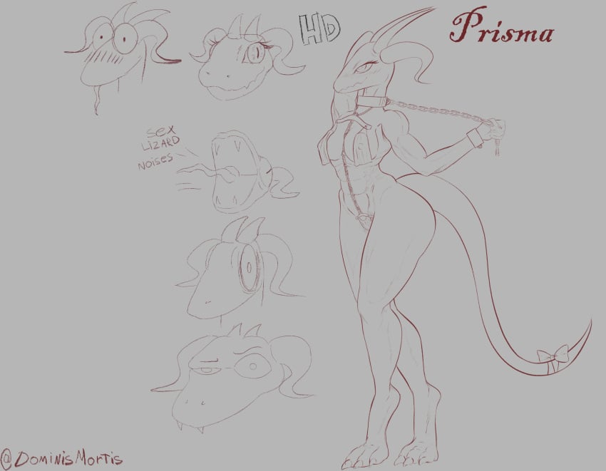 chains dominismortis line_art lizard lizard_girl lizard_humanoid prisma scalie scalie_female scalie_humanoid silly_face sketch skimpy_clothes