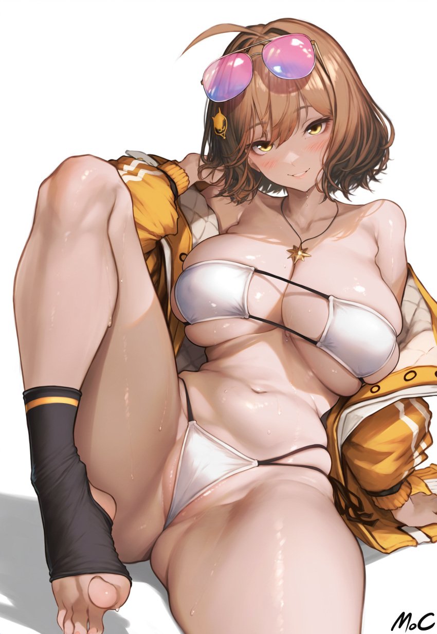 1girls ai_generated anis_(nikke) anis_(sparkling_summer)_(nikke) bikini breasts brown_eyes brown_hair eyepatch_bikini female goddess_of_victory:_nikke hi_res huge_breasts light-skinned_female light_skin mocase short_hair stable_diffusion