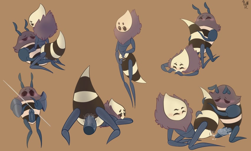 4_eyes alanrikon antennae anthro anthro_on_anthro arthropod bee bodily_fluids cowgirl_position cum cum_inside face_down_ass_up female_penetrated hive_knight_(hollow_knight) hollow_knight insect insects male_penetrating multi_eye multiple_positions on_stomach queen_vespa source_request straight