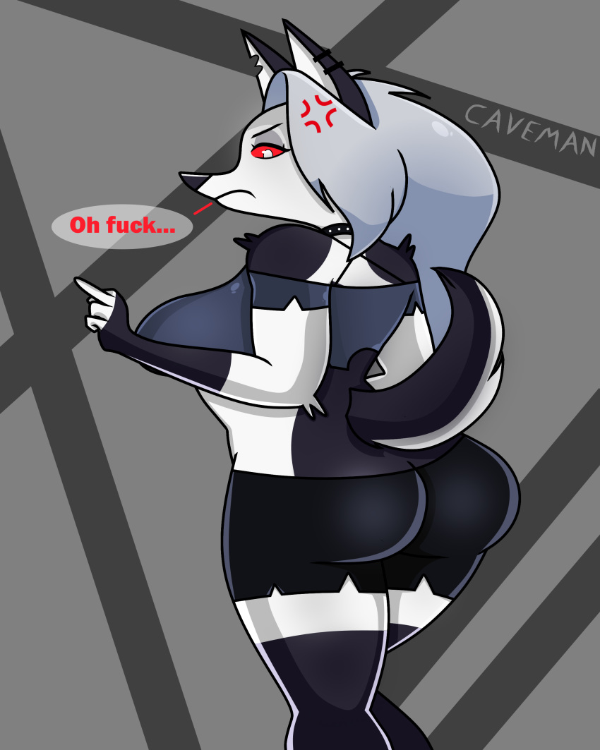 1girls angry anthro ass big_breasts canine caveman147 earrings english_text female female_only furry grey_fur grey_hair helluva_boss huge_ass long_hair looking_at_viewer looking_back loona_(helluva_boss) middle_finger red_sclera sideboob speech_bubble tail vivienne_medrano white_eyes