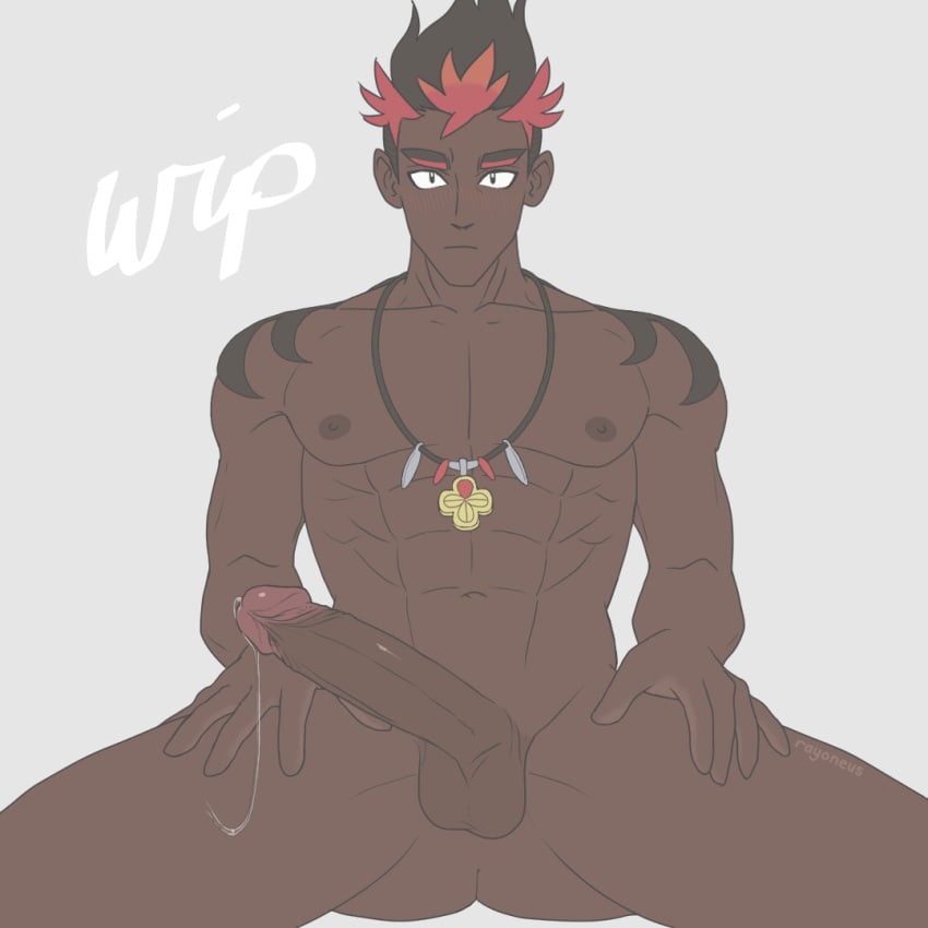 abs balls bara biceps big_balls big_penis cum dark-skinned_male erection kiawe_(pokemon) male male_nipples male_only muscular_male nintendo nipples nude pecs penis pokemon pokemon_sm precum precum_drip rayoneus