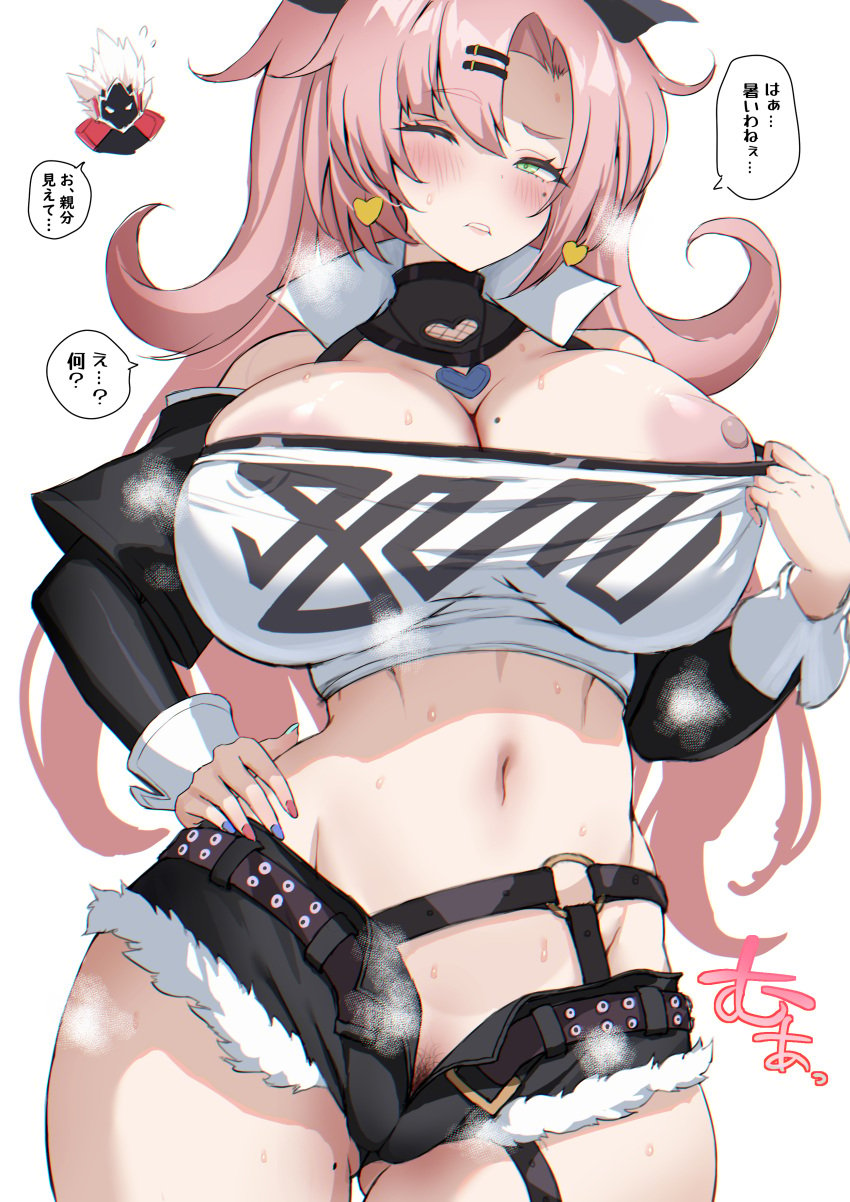 1girls ariso_kaoru booty_shorts breasts female fur-trimmed_shorts green_eyes hips huge_breasts light-skinned_female light_skin long_hair midriff nicole_demara nipples pink_hair short_shorts shorts tank_top thick_thighs thighs wide_hips zenless_zone_zero