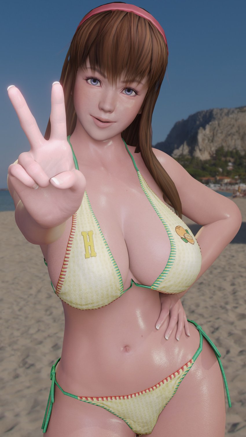 1girls 3d beach big_breasts bikini blue_eyes breasts brown_hair busty dead_or_alive dead_or_alive_xtreme_beach_volleyball dom3d female female_focus female_only hitomi_(doa) hourglass_figure human large_breasts light-skinned_female light_skin outdoors outside peace_sign sand solo straight_hair swimsuit v v_sign water wide_hips