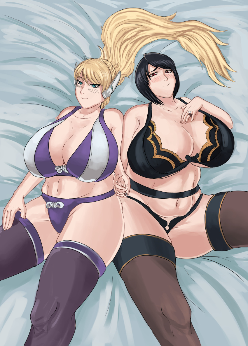 black_hair blonde_hair fat huge_breasts ichi_gsm_(artist) jazz_(oc) large_breasts lingerie long_hair lonnie_birches_(oc) plump ponytail short_hair thighhighs wedding_ring