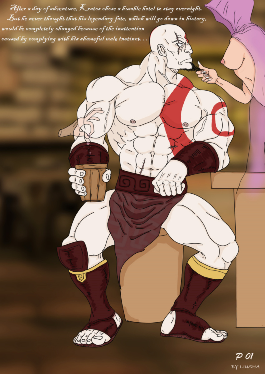 bald_man bara beard drugged god_of_war kratos liushahuiyou male_focus male_only muscular_male red_markings skirt solo_male white_skin