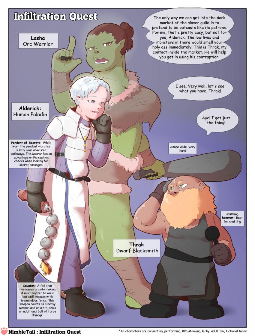 comic_page dungeons_and_dragons dwarf dwarf_male female human human_male light-skinned_male light_skin male nimbletail no_sex orc orc_female original tagme text_bubble