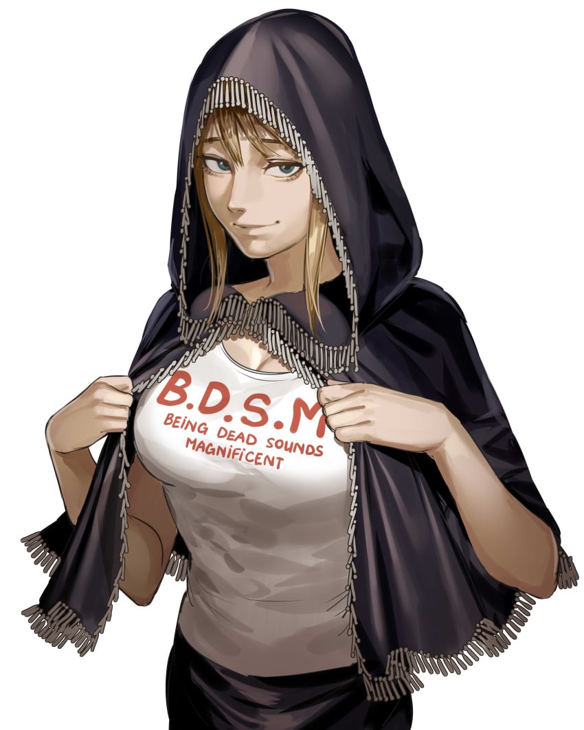 1girls bdsm_outfit big_breasts blonde_hair bondage cleavage elden_ring female female_only fia_the_deathbed_companion fromsoftware funny hanny_(uirusu_chan) looking_at_viewer smile solo solo_female