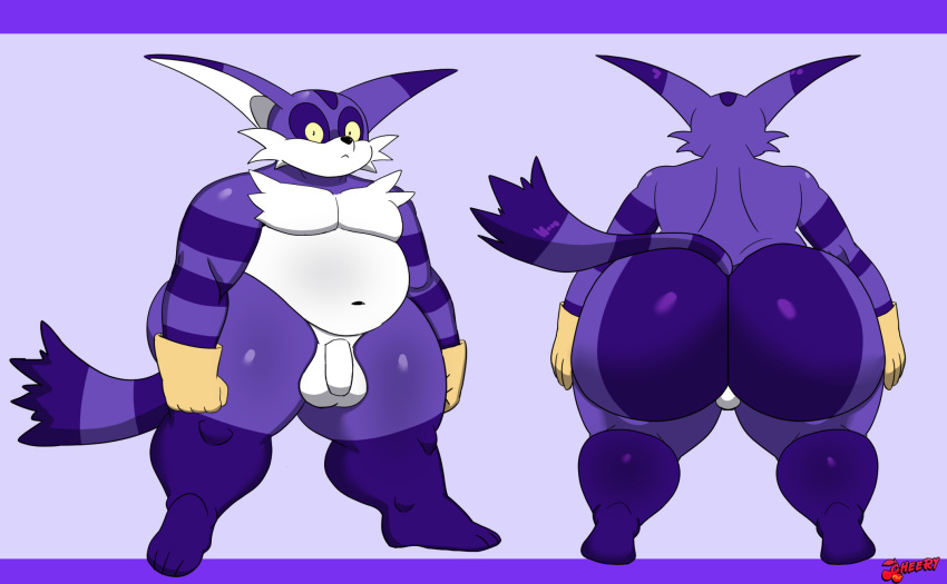 anthro ass balls belly big_butt big_the_cat cherryfox73 domestic_cat felid feline felis fur genitals hi_res huge_butt looking_at_viewer male male/male mammal nude overweight overweight_male purple_body purple_fur sega simple_background solo sonic_the_hedgehog_(series) tail thick_thighs wide_hips