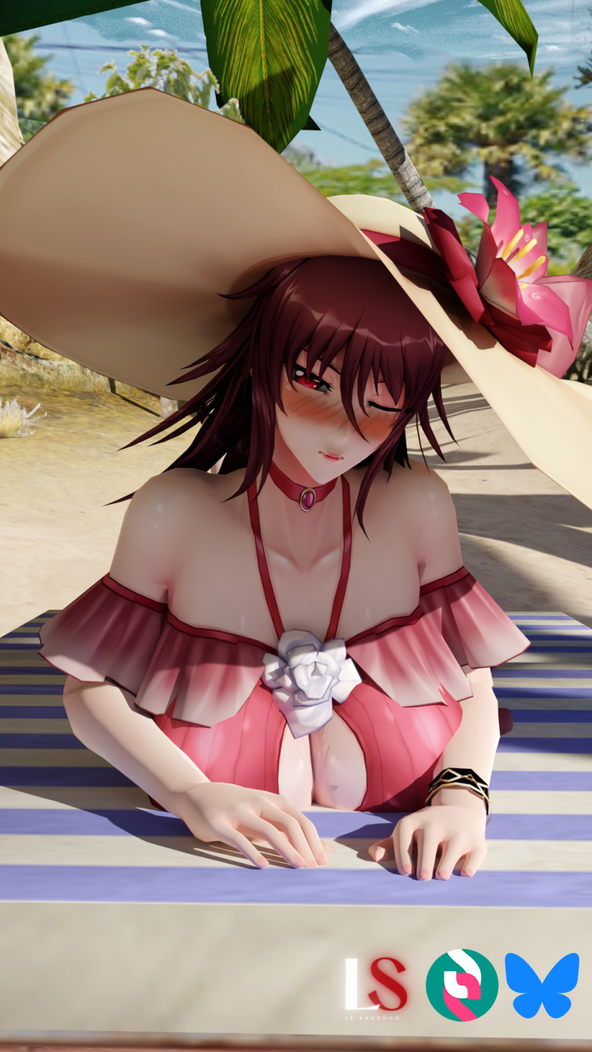 1girl 1girls action_taimanin beach blender_(software) blush breasts brown_hair curvaceous curvaceous_female curvy curvy_female curvy_figure female gentle_mommy gigantic_breasts huge_breasts japanese_female le_sandman looking_at_viewer mature mature_female milf mizuki_shiranui palm_tree red_eyes shoulder_length_hair succubus sun_hat swimsuit swimwear tagme taimanin_(series) taimanin_yukikaze wink winking_at_viewer xnalara