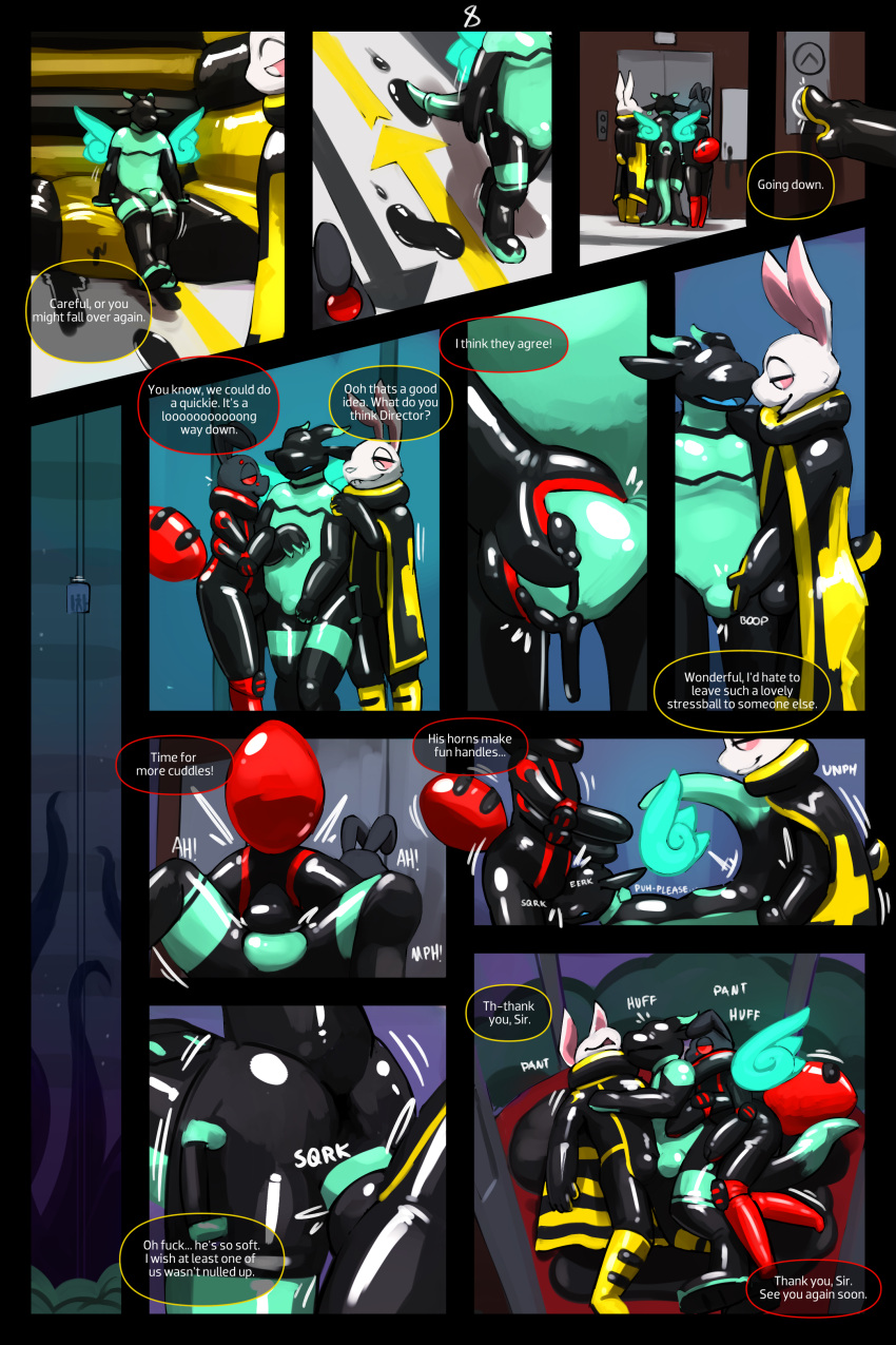 2023 2:3 absurd_res ambiguous_gender anthro arachnid arthropod biped black_clothing black_latex breath bulge bulge_frottage bulge_in_face cape clothed clothing collar comic dialogue digital_media_(artwork) director_(ruler_of_everything) dragon drone elevator english_text female_(lore) fur group group_sex hi_res hologram horn inflatable inflatable_collar lagomorph latex latex_clothing leporid liquid_latex long_ears male male/ambiguous male/male mammal multicolored_clothing mythological_creature mythological_scalie mythology null_bulge open_mouth open_smile orgasm_denial panting profanity rabbit rear_view red_clothing scalie sex sexotheque smile sound_effects speech_bubble spider teasing text threesome trio two_tone_clothing yellow_clothing