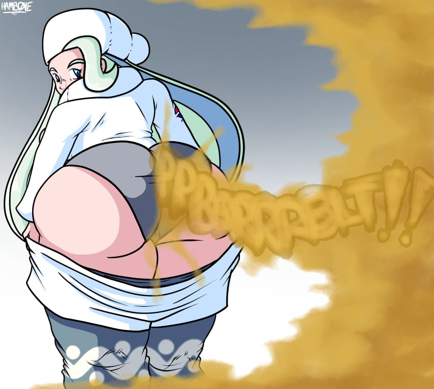 1girls 2d 2d_(artwork) artist_signature ass ass_bigger_than_head ass_focus chubby chubby_female fart fart_cloud fart_everywhere fart_fetish farting farting_at_viewer farts female female_only hamb0ne hips hips_wider_than_shoulders looking_at_viewer melony_(pokemon) milf older_female onomatopoeia panties pants_down pokemon pokemon_ss text thick_thighs thighs