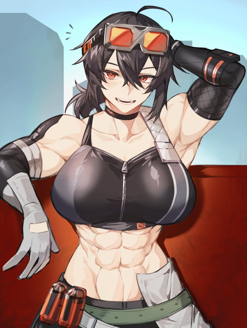 1girls 2024 abs absurd_res armpits armwear big_arms big_breasts black_hair broad_shoulders buff clothed female goggles_on_head grace_howard hi_res kazuya_(kozun) kozunya muscle_mommy muscles muscular_arms muscular_female ponytail smiling solo sports_bra surprised_expression toned_female zenless_zone_zero