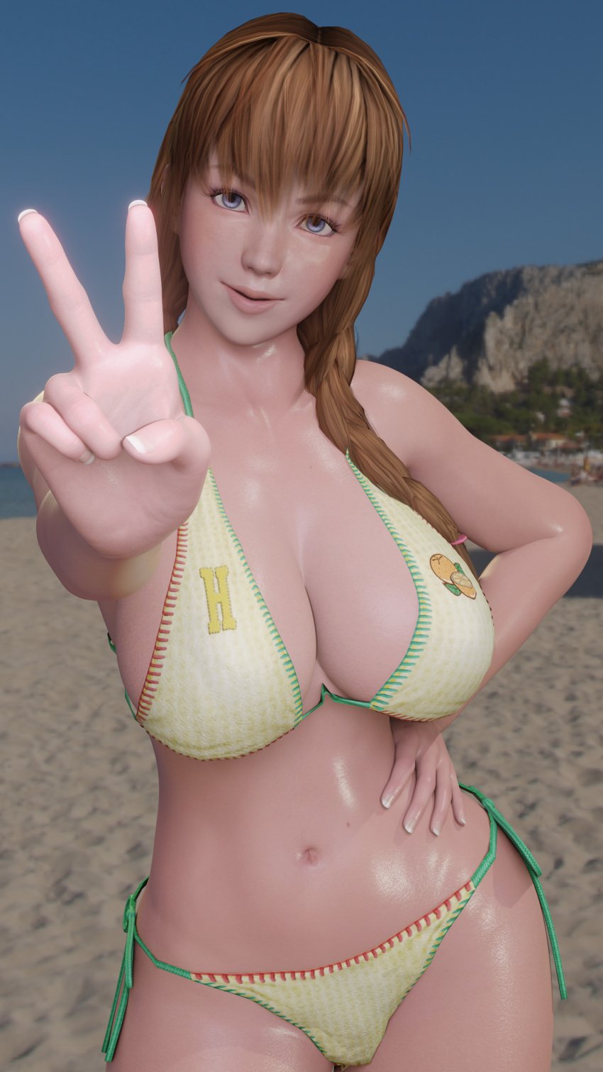 1girls 3d beach big_breasts bikini blue_eyes breasts brown_hair busty dead_or_alive dead_or_alive_xtreme_beach_volleyball dom3d female female_focus female_only hitomi_(doa) hourglass_figure human large_breasts light-skinned_female light_skin outdoors outside sand solo straight_hair swimsuit v v_sign water wide_hips