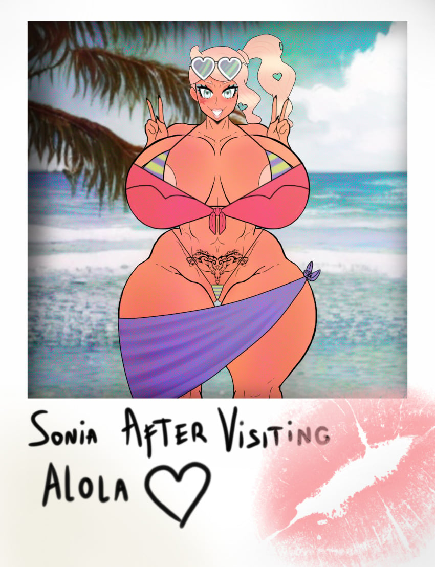 abs after_transformation beach beach_towel big_breasts bikini bimbo bimbofication blonde_hair clothed devil_daddy edit edited gyaru gyarufication gyarufied heart_glasses huge_breasts implied_transformation kiss_mark nintendo photo picture picture_frame pokemon pokemon_ss pubic_tattoo small_bikini sonia_(pokemon) tanned tanned_skin text transformation