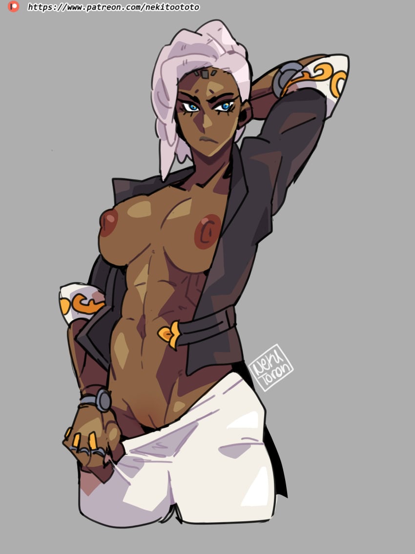 african african_female brown_skin cyborg dark-skinned_female female gilf nekitoototo overwatch overwatch_2 sojourn_(overwatch) white_hair