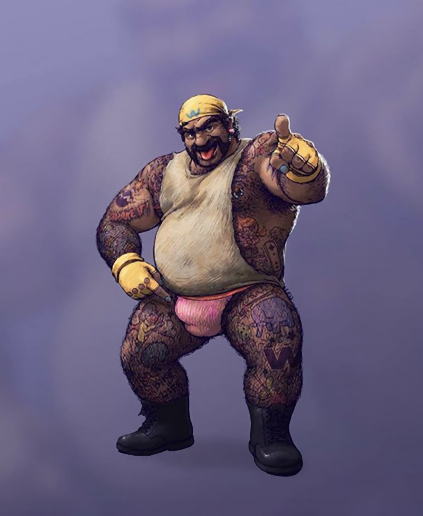 bara bulge chubby flaccid hairy leoleus looking_at_viewer male_only mario_(series) pointing pointing_at_viewer solo solo_male super_smash_bros. tagme tattoo wario warioware