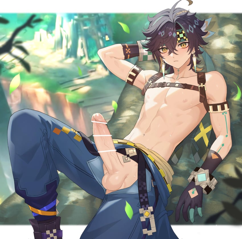 1boy abs arm_up arms_behind_head artist_name black_hair body_markings chest_harness collarbone commentary crossed_bangs diamond-shaped_pupils diamond_(shape) earrings finch_(blanc1771) genshin_impact gloves green_eyes green_hair green_headband hair_between_eyes harness headband highres jewelry kinich_(genshin_impact) knee_up looking_at_viewer male_focus multicolored_clothes multicolored_eyes multicolored_gloves multicolored_hair navel nipples pectorals penis solo symbol-shaped_pupils testicles toned toned_male topless_male twitter_username yaoi yellow_eyes