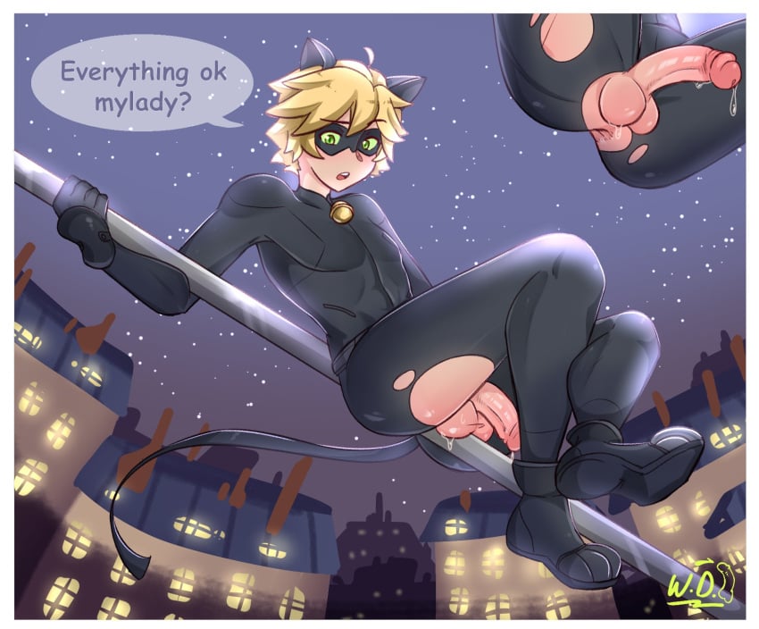 1boy 2d 2d_(artwork) adrien_agreste anus anus_peek blonde_hair cat_ears cat_noir cat_tail catboy english_text femboy femboy_only green_eyes looking_at_viewer male male_only miraculous:_tales_of_ladybug_and_cat_noir miraculous_ladybug ripped_clothing solo solo_male speech_bubble tagme text twink wardrobe_malfunction weirdo_dork