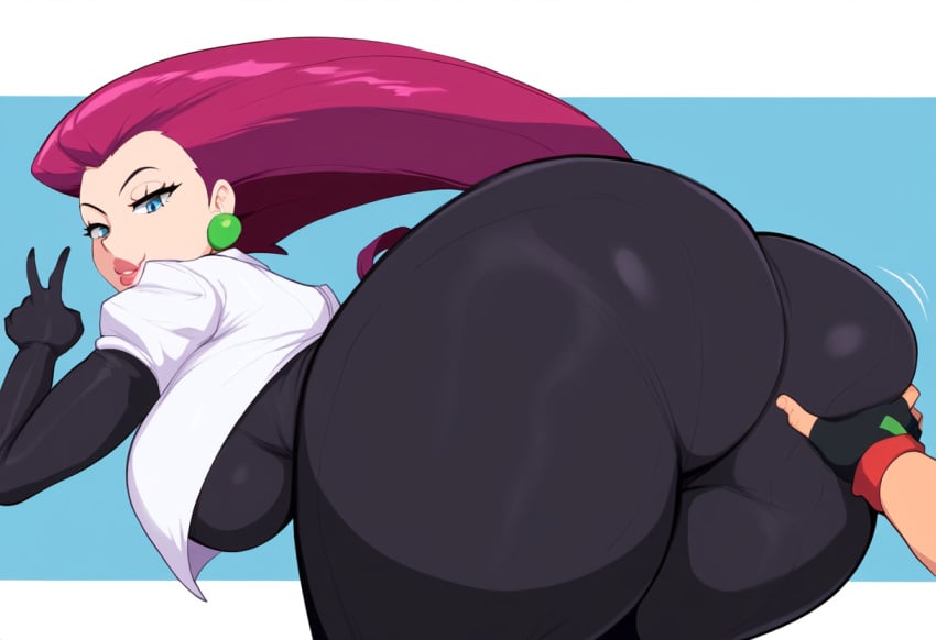 1boy ai_generated alternate_costume ass_grab cuckold dat_ass female gloves huge_ass huge_breasts jessie_(pokemon) long_hair mullon netorare novelai ntr peace_sign pink_hair pokemon pokemon_journeys satoshi_(pokemon) spandex team_rocket that_ass_was_fat