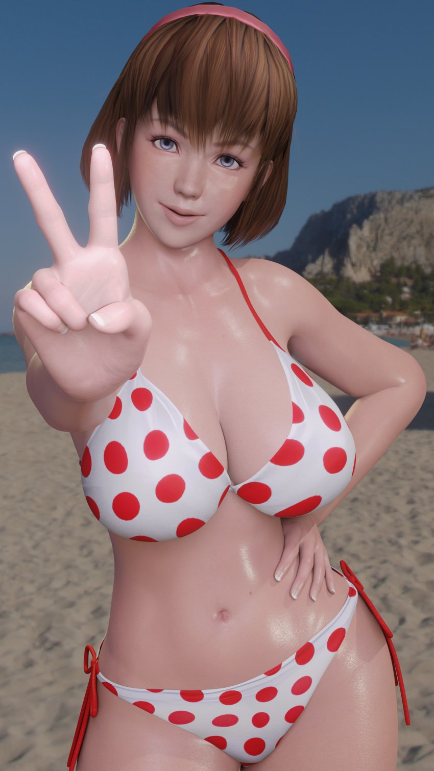 1girls 3d beach big_breasts bikini blue_eyes breasts brown_hair busty dead_or_alive dead_or_alive_xtreme_beach_volleyball dom3d female female_focus female_only hitomi_(doa) hourglass_figure human large_breasts light-skinned_female light_skin outdoors outside sand solo straight_hair swimsuit v v_sign water wide_hips