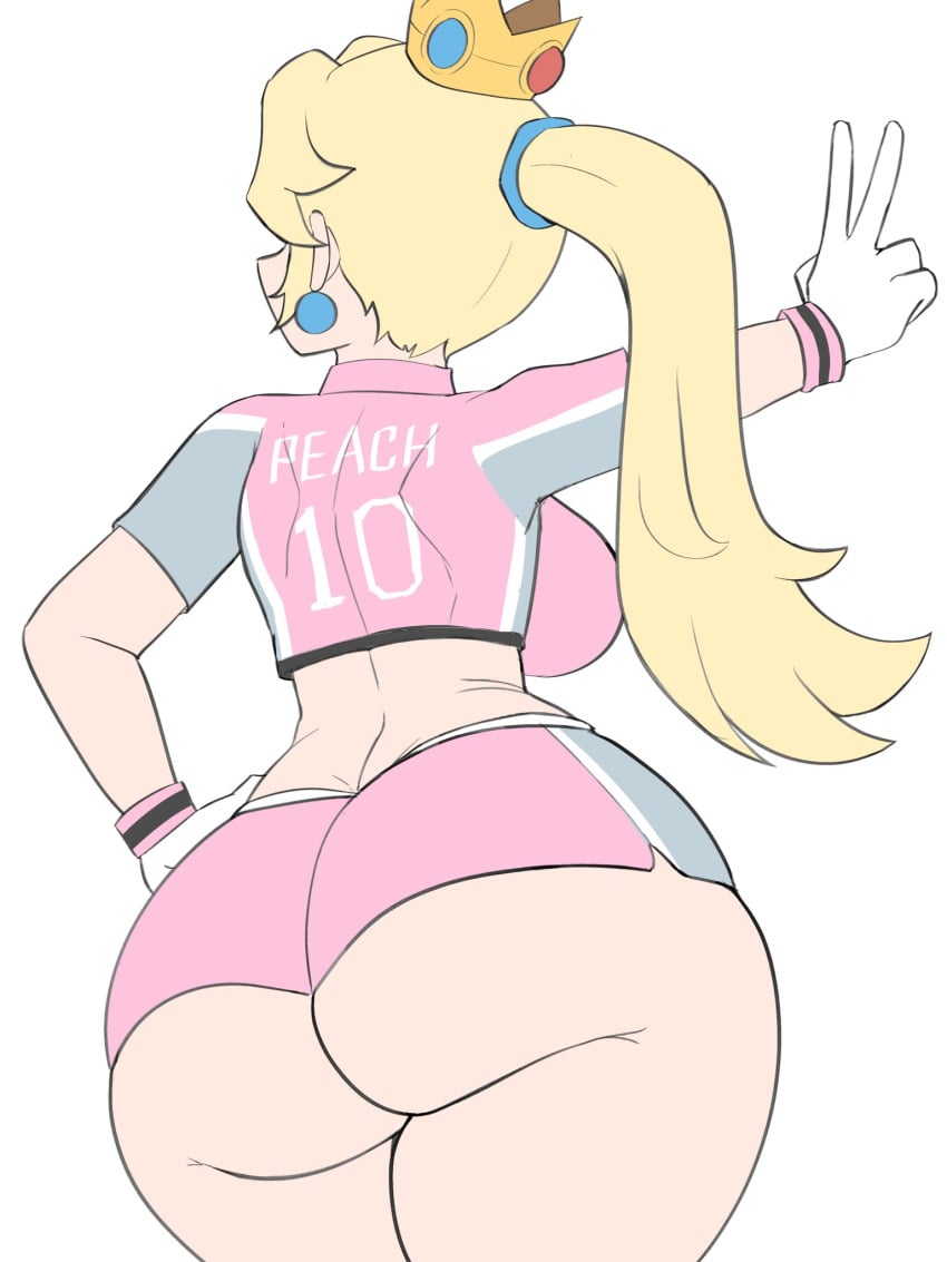 1girls back_view big_ass big_butt blonde_female blonde_hair female mario_(series) mario_strikers mario_strikers_peach_back_view_redraw_(meme) nintendo peace_sign pink_shorts princess_peach sideboob sportswear ytrall