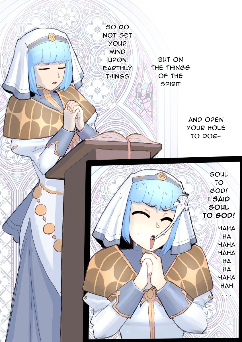 1girls accident bangs blue_hair book breasts closed_eyes comic dog dress english_text female female_only fire_emblem fire_emblem_echoes:_shadows_of_valentia gixar habit indoors laugh long_sleeves multiple_views nervous nervous_smile nintendo nun open_mouth own_hands_together praying short_hair silque_(fire_emblem) small_breasts smile spirit sweat text window zoophilia