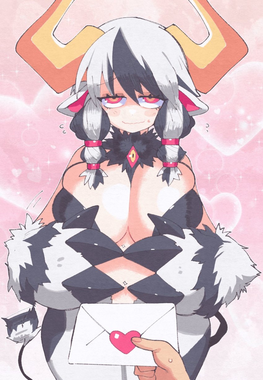 breasts cleavage cow_ears cow_girl cow_horns disgaea disgaea_6 evil_eye_(disgaea) female huge_breasts inkuusan large_breasts love_letter monster_girl nippon_ichi_software