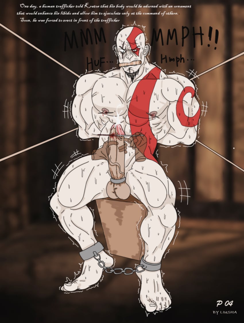 bald_man bara beard drugged god_of_war kratos liushahuiyou male_focus male_only muscular_male red_markings solo_male tied_arms tied_to_chair tied_up torture torture_device white_skin