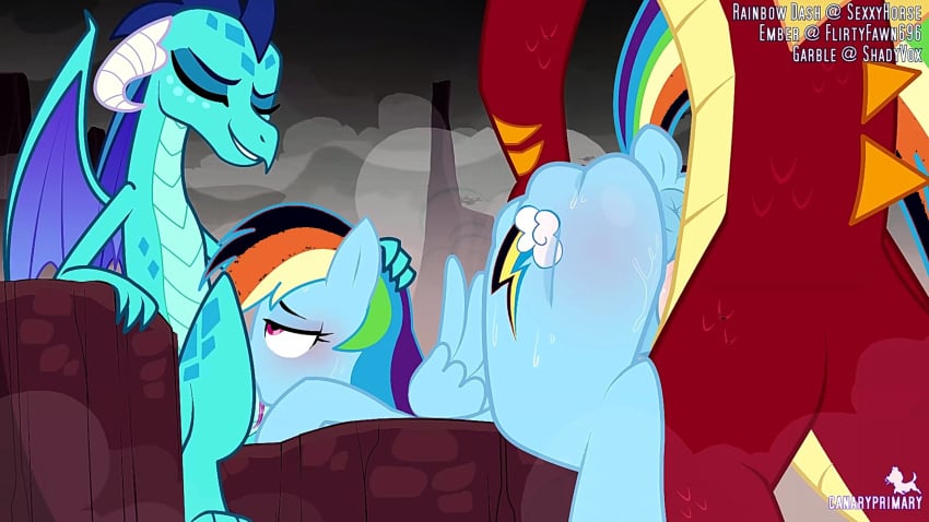 1boy 2girls 2girls1boy anthro blue_scales blue_skin canaryprimary dark_sky detailed_background dick ember_(mlp) eyes_rolling_back furry garble_(mlp) licking licking_pussy my_little_pony penetrated penetrating penetration penetration_from_behind penis penis_in_pussy rainbow_dash_(mlp) rainbow_hair red_scales rock rocks sex tagme threesome wings