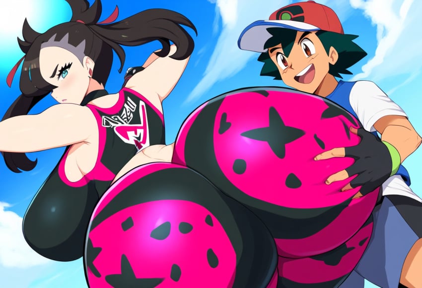 1boy aged_up ai_generated ass_grab big_ass bottom_heavy dat_ass day female grabbing huge_ass huge_breasts marnie_(pokemon) mullon muscular_male novelai pokemon pokemon_journeys pokemon_ss satoshi_(pokemon) smile team_yell that_ass_was_fat