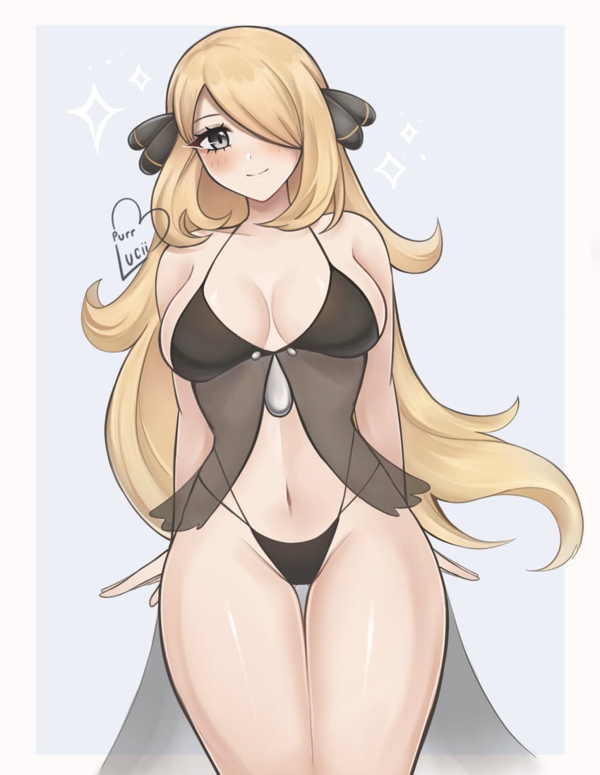 blonde_hair breasts cynthia_(pokemon) female female_only hair_over_one_eye looking_at_viewer nintendo pokemon purrlucii solo