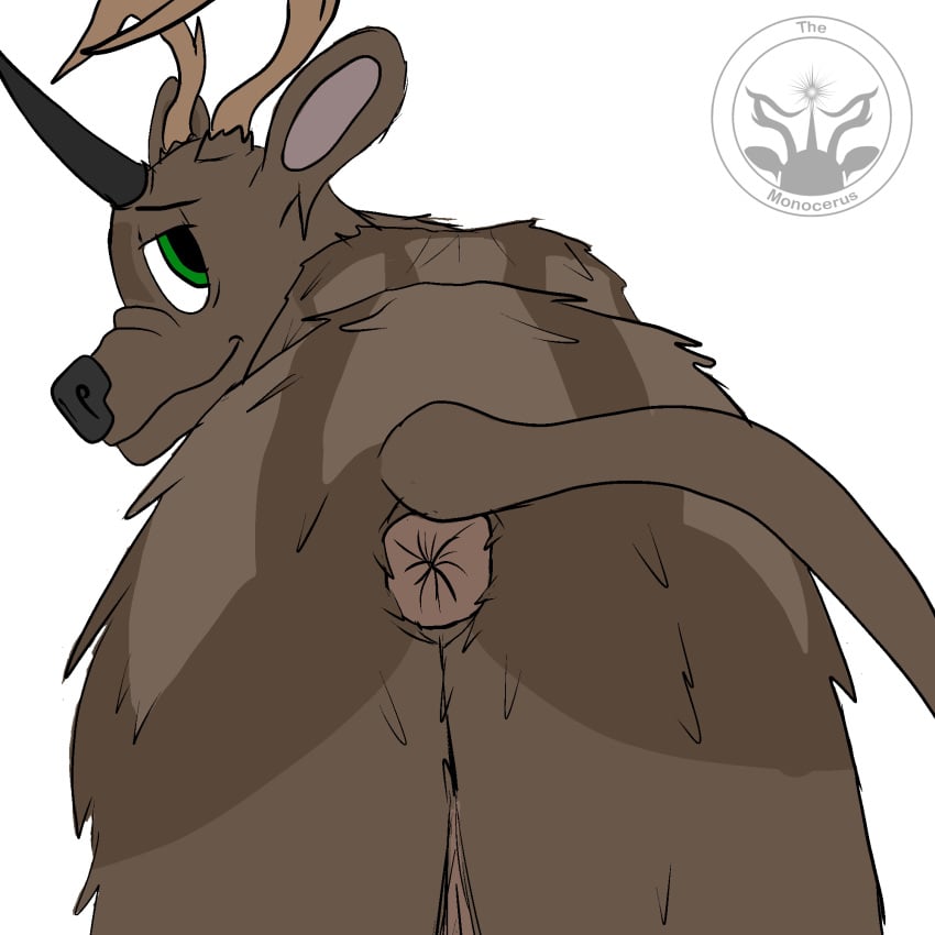 1:1 antlers anus black_nose brown_body feral green_eyes hi_res horn hybrid male male_only miden monocerus monocerus_(species) sketch smile solo