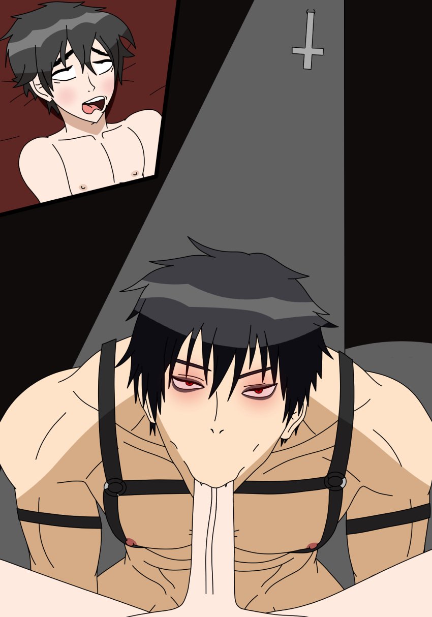 2boys blush cyles_cinning eyes_rolling_back face_closeup fangs fellatio gay gay_sex lair leather_straps mind_control original original_artwork original_character original_characters pecs red_eyes self_upload submissive_male sucking_penis text_bubble upside_down_cross vampire